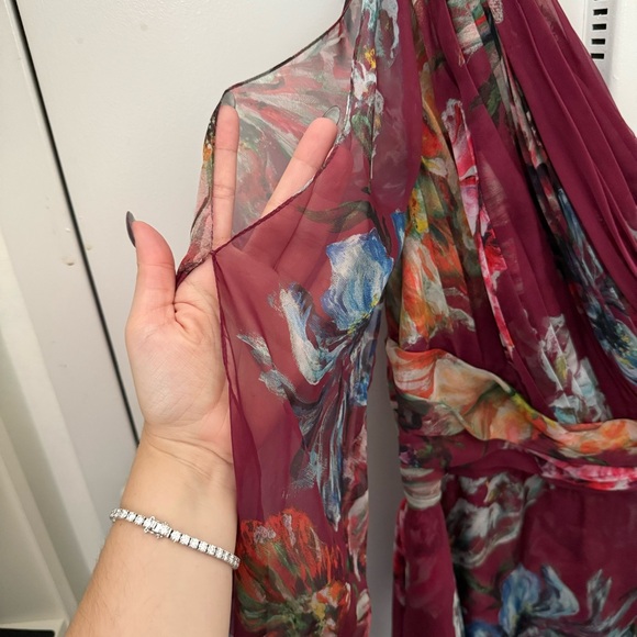 Marchesa Notte One Shoulder Maroon Burgundy Floral Midi dress - Picture 3 of 8